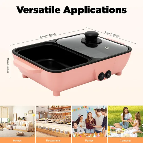 Vista 7 de Olla caliente eléctrica de 1200 W con parrilla, 2 en 1 antiadherente mini Shabu Shabu barbacoa sartén de 110 V olla de cocina de mesa con doble