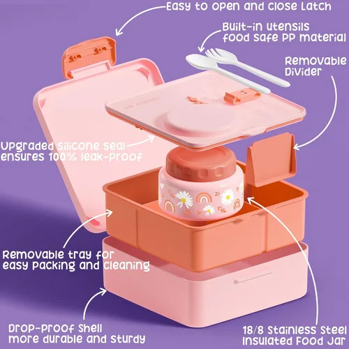 Vista 5 de Fimibuke Lonchera Bento para Niños y Adultos, Contenedor de Lonchera para Niños Pequeños de 3-4 Compartimentos 60OZ con Frasco de Comida Aislado a