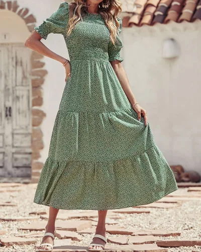 Vista 16 de BTFBM Vestidos para mujer, cuello redondo, casual, de verano, con volantes, manga corta, bohemio, con niveles, fruncido, largo, con estampado floral