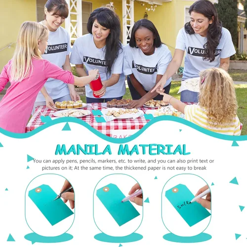 Vista 6 de 100 etiquetas de envío de Manila en blanco con inventario de alambre, etiqueta de papel azul para equipaje, etiqueta colgante verde con cuerda