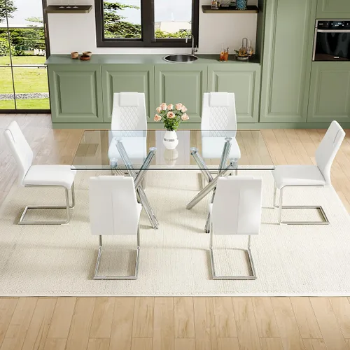 Vista 3 de Juego de mesa de comedor de cristal para 6, 71 pulgadas juego de mesa de comedor moderno para 6 7 Piece Dining Table Set, 6 White Dining Chairs