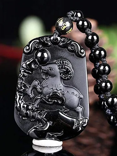 Vista 2 de Collar de animales de zodiaco chino con cuentas de obsidiana natural con cadena de cuentas ajustable, Obsidiana, Obsidiana