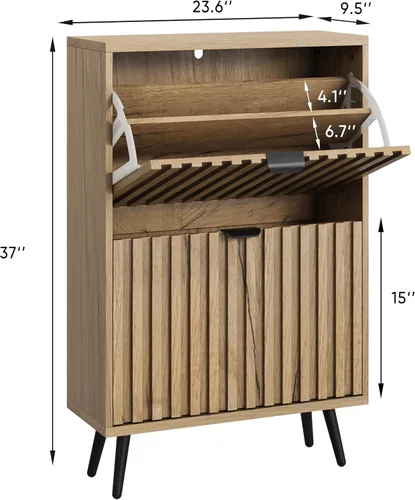 Vista 2 de Smuxee Armario de zapatos con 2 cajones abatibles, gabinete de almacenamiento de zapatos oculto natural de 23.6 pulgadas con diseño estriado