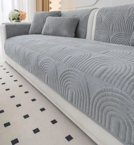 Vista 5 de Funda de sofá geométrica de granja para sofá, funda de terciopelo suave acolchada para sofá seccional, funda de sofá antideslizante para sofá, Gris