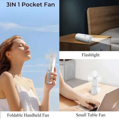 Vista 3 de Mini ventilador de mano portátil, 3 en 1, plegable de viaje personal, recargable, con bolsillo, linterna, regalos de cumpleaños para pestañas, Rosa