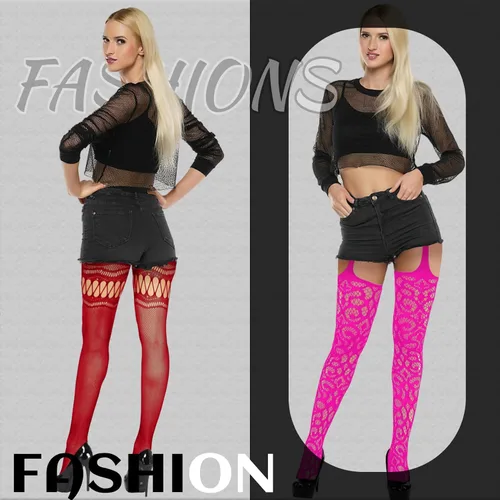 Vista 6 de Justay 6 Pairs Womens Fishnet Thigh High Stockings High Waist Fishnet Stockings Suspender Pantyhose Stockings for Women