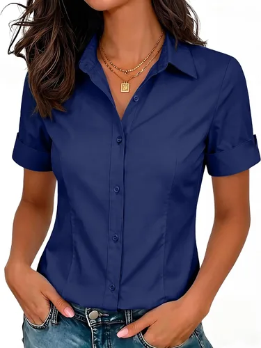 Vista 22 de siliteelon Camisas de vestir de manga corta con botones para mujer, camisas de algodón con botones para mujer, blusa ajustada de manga 3/4 Beige