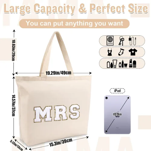 Vista 2 de izuzta Bolsa de lona de felpilla para mujeres y niñas, bolsa de maquillaje grande y bonita de viaje con cremallera y asa, Señora, beige