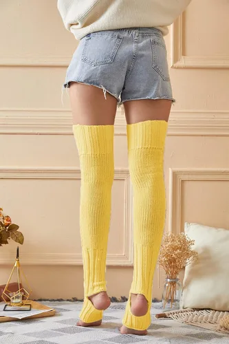 Vista 4 de Leoparts Calentadores de piernas con estribo extra largos para mujer, calcetines de punto por encima de la rodilla hasta el muslo sin pies