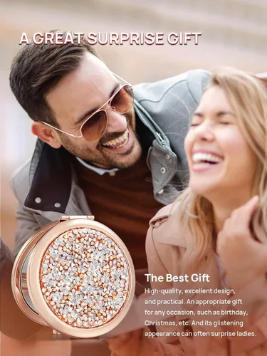 Vista 6 de OMIRO Espejo compacto con aumento 1X/10X, mini espejo de maquillaje de bolsillo de metal con diamantes (oro rosa)
