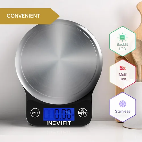 Vista 3 de INEVIFIT Báscula digital de cocina, báscula de alimentos multifunción de alta precisión, 13 libras, 13.2 lbs máximo, color negro moderno y limpio