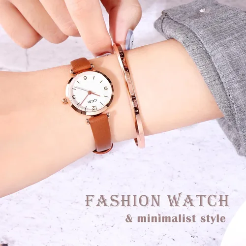 Vista 2 de Relojes para mujer, correa de cuero, elegante, simple, para niñas, relojes de cuarzo para damas, 30M, impermeables, analógicos para mujeres