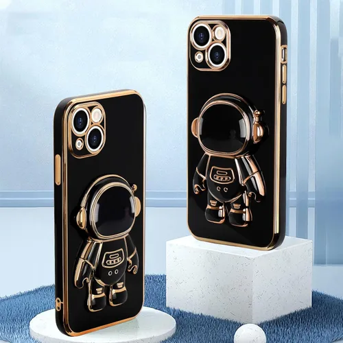 Vista 5 de Pepmune - Funda para iPhone 13 con soporte de astronauta 3D, color negro Luxury Electroplated Soft Silicone Cover with Holder, Lovely 3D Cartoon