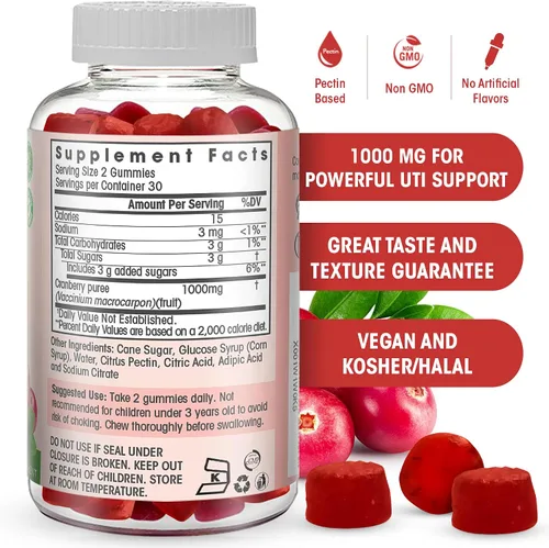 Vista 3 de Suplemento de goma de arándano para mujeres, hombres y niños. 1000 mg, vegano, vegetariano, sin gluten, gelatina ni OMG. Kosher y halal. 60