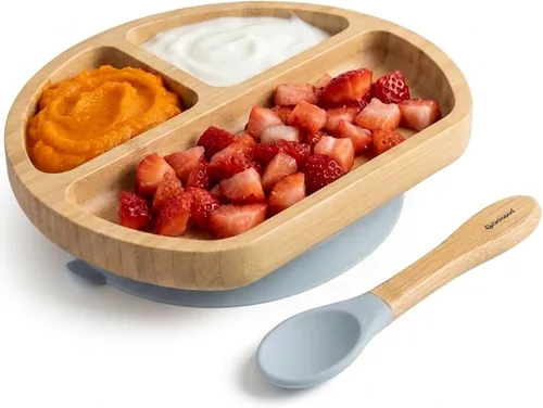 Vista 11 de Abiie Octopod Bamboo Dish & Spoon - Plato de succión para bebé - 4 meses y más - Azul 3-Compartment Round Kids Plate, High Chair Accessories