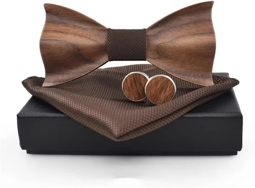 Vista 2 de Elfeves Novedoso pajarita de madera hecha a mano para novio, padrino, pajarita, pañuelo de bolsillo y gemelos para hombre con caja de regalo