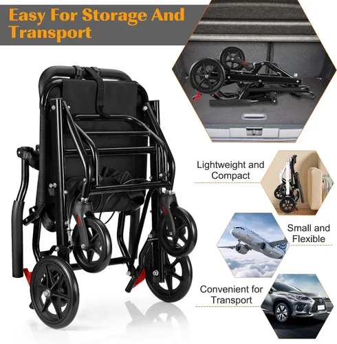 Vista 7 de Silla de ruedas ligera, silla de ruedas plegable portátil con frenos de mano de bloqueo, sillas de ruedas plegables para adultos y personas mayores