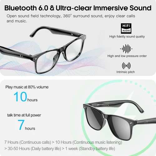 Vista 7 de Lentes inteligentes de traducción AI para hombres y mujeres, gafas de sol Bluetooth 6.0, protección UV, asistente de voz, audio de oído abierto
