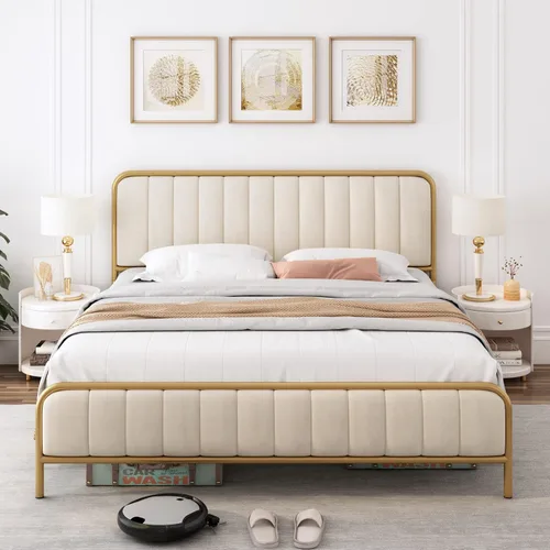 Vista 8 de HITHOS Base de cama tamaño completo con cabecera tapizada con botones, base de colchón de metal tapizado y de alta resistencia con listones