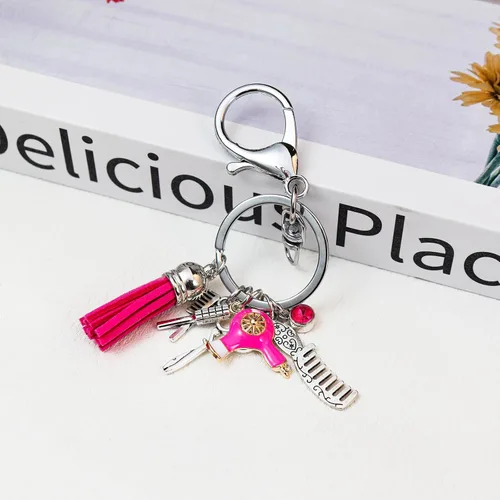 Vista 4 de Fuqimanman2020 Peine tijeras secador de pelo llavero con borla y diamante negro encanto peluquero estilista regalo joyería