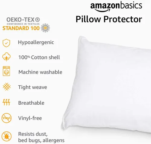 Vista 6 de Amazon Basics Protector de almohada hipoalergénico 100% algodón estándar transpirable con cremallera, lavable a máquina, blanco, 27 x 21 pulgadas