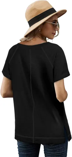 Vista 4 de XIEERDUO Camisetas de verano de manga corta para mujer, cuello en V, holgadas, con bolsillo