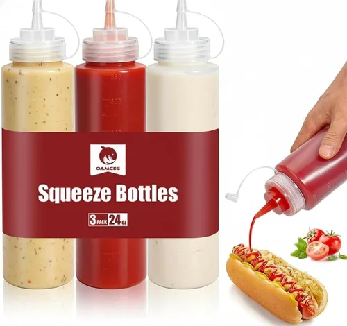 Vista 10 de OAMCEG Botellas exprimibles de 8 onzas, paquete de 6 botellas de condimentos de plástico duradero, botella para chorro con medidas discretas