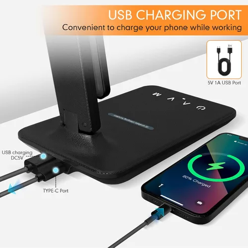 Vista 6 de Lámpara de escritorio LED White Crown con cargador inalámbrico de 15W y puerto USB, lámpara de mesa regulable con 5 modos de iluminación, control