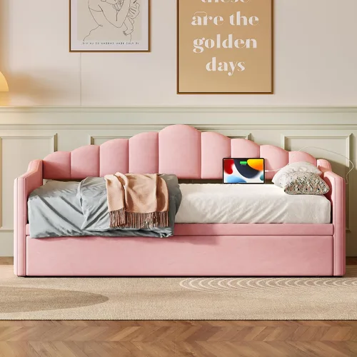 Vista 25 de Cama Diván Moderna Tamaño Twin XL con Cinturón LED y Cama Nido, Marco de Cama Plataforma de Madera con Cabecera Tapizada con Almacenamiento, Sofá