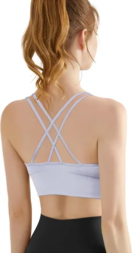 Vista 2 de VEQKING Brasier deportivo con tirantes para mujer, espalda cruzada, soporte medio, sin costuras, extraíble, acolchado, para yoga, entrenamiento