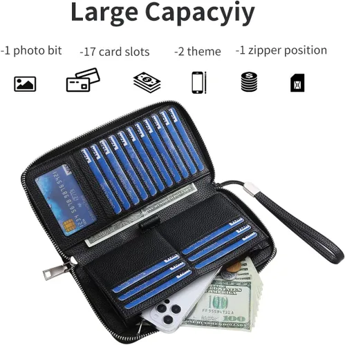 Vista 3 de Mitsoly Cartera larga de piel con bloqueo RFID para mujer, con cremallera alrededor de moneda, cartera de gran capacidad, 18 ranuras para tarjetas