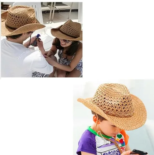 Vista 5 de Sombrero de vaquero de paja sombrero de sol vaquera de verano Panamá con correa para la barbilla hombres mujeres sombrero viaje al aire libre