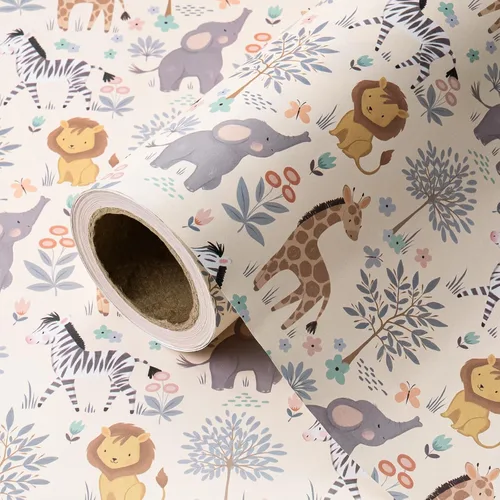 Vista 17 de WRAPAHOLIC Rollo de papel de regalo Kraft Animal - Mini Rollo - 17 pulgadas x 16.5 pies - Diseño de mono, elefante y dinosaurio lindos, perfecto