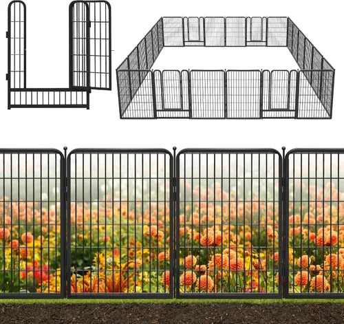 Vista 24 de Valla decorativa de metal negro para jardín con puerta, 4.5 pies de largo x 32 pulgadas de alto, 2 paneles de valla sin excavación, valla de barrera