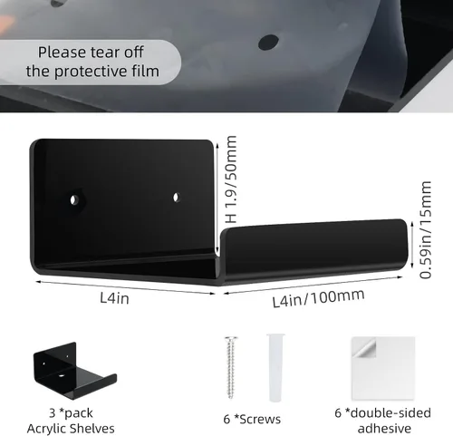 Vista 3 de Paquete de 3 estantes flotantes pequeños de acrílico para almacenamiento en pared, mini estante adhesivo de 4 pulgadas para sala de estar, baño