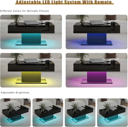 Vista 5 de HedoAjim - Mesa de café negra con LED y 2 cajones de almacenamiento para sala de estar, mesa rectangular de centro para sala de estar, mesas de café