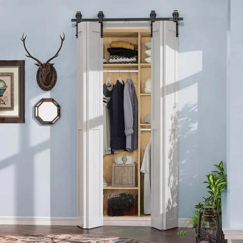 Vista 11 de ROOMTEC Kit de riel de hardware para puerta corrediza de granero biplegable de 2.5 pies, kit de rodillos negros para 2 puertas, forma de J