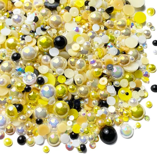 Vista 23 de Diamantes de imitación de resina mixta de 3.53 oz con parte trasera plana, perlas semicirculares, tamaños mixtos de 0.116 a 0.394 pulgadas