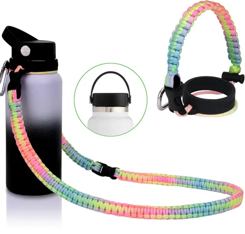 Vista 5 de Wongeto Mango de cuerda de paracaídas con correa para el hombro compatible con Hydro Flask 2.0 (rediseñado en 2020) botellas de boca ancha, se
