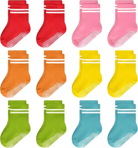 Vista 11 de ELUTONG - Calcetines de agarre para niños, paquete de 12 unidades, antideslizantes, calcetines de tripa para bebés y niños de 1 a 7 años, niños