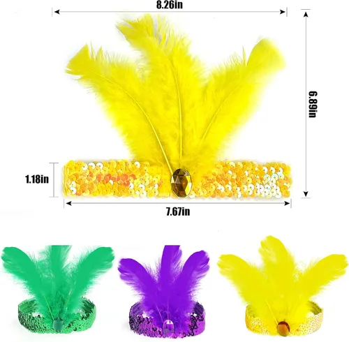 Vista 3 de Bnikion Paquete de 3 diademas de plumas con lentejuelas de Mardi Gras de los años 20, carnaval, fiesta, evento, vendimia, color verde, morado y verde