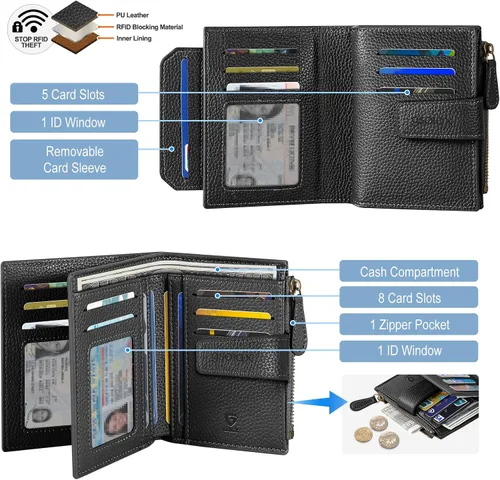 Vista 2 de GSOIAX Billetera pequeña de piel auténtica para mujer, con bloqueo RFID, plegable, delgada, con bolsillo para monedas con cremallera y ventana