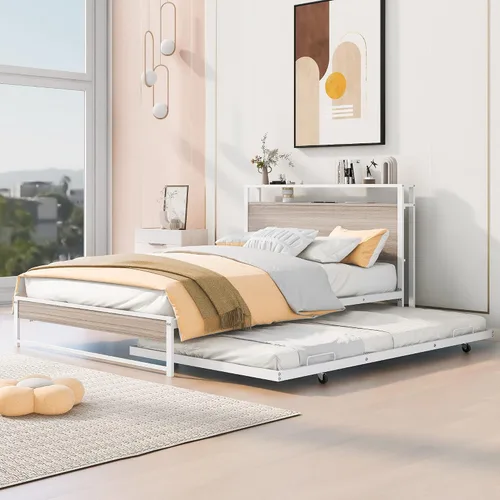 Vista 10 de Polibi Cama de plataforma de tamaño matrimonial con nido, marco de cama de metal y madera con cabecero, estribo, puertos de carga USB, caja de Negro