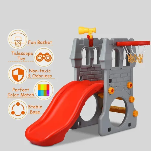 Vista 5 de OLAKIDS Tobogán 5 en 1 para niños pequeños, escalador de patio de juegos para interiores y exteriores con tobogán, aro de baloncesto, telescopio