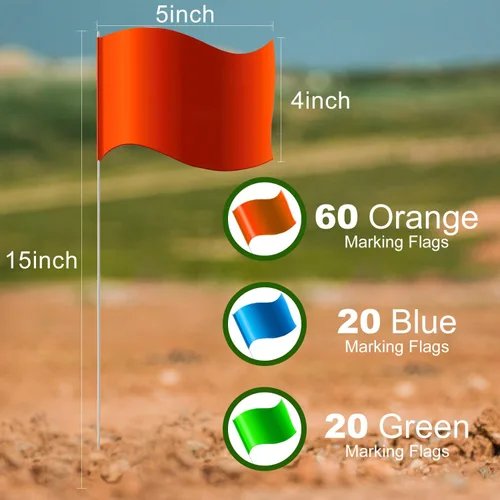 Vista 2 de Zozen Paquete de 100 banderas de marcado, 60 naranjas, 20 verdes y 20 azules, para escribir/15 x 4 x 5 pulgadas, banderas de patio para césped