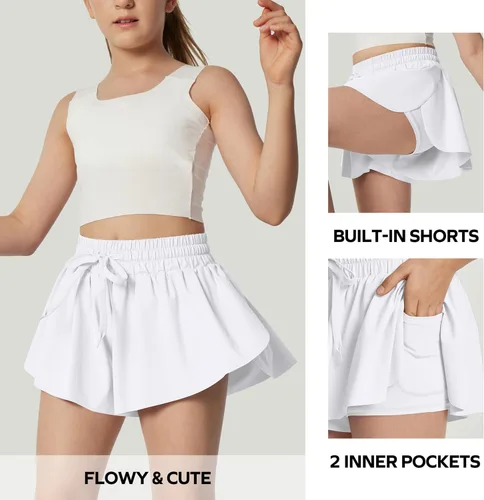 Vista 3 de Ewedoos Pantalones cortos holgados 2 en 1 para niñas, pantalones cortos atléticos de mariposa, talla 10-12, lindos pantalones cortos de moda