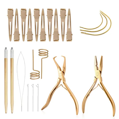 Vista 13 de Kit de herramientas de extensión de cabello, alicates de acero inoxidable de color tostado, micro cuentas, gancho removedor de bucle, clips