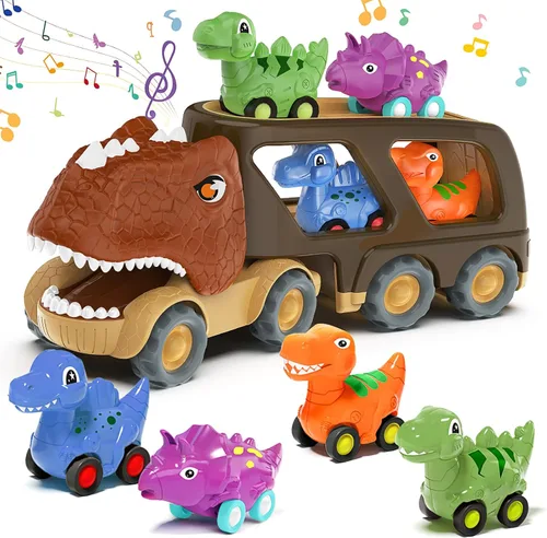 Vista 9 de Juguetes de dinosaurio para niños de 2 a 4 años, camión transportador de automóvil de dinosaurio con 4 autos de dinosaurio de tracción hacia atrás