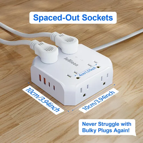Vista 3 de Protección contra sobretensiones y regleta de enchufes, 8 tomas con 4 puertos USB (2 USB C), extensor de enchufes de 4 lados de 1050J con cable