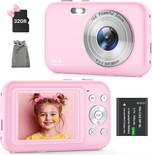 Vista 9 de Cámara digital, cámara para niños con tarjeta de 32 GB, FHD 1080P 44MP cámara de vlogging, cámara digital de zoom de 16X y disparo, cámaras Negro